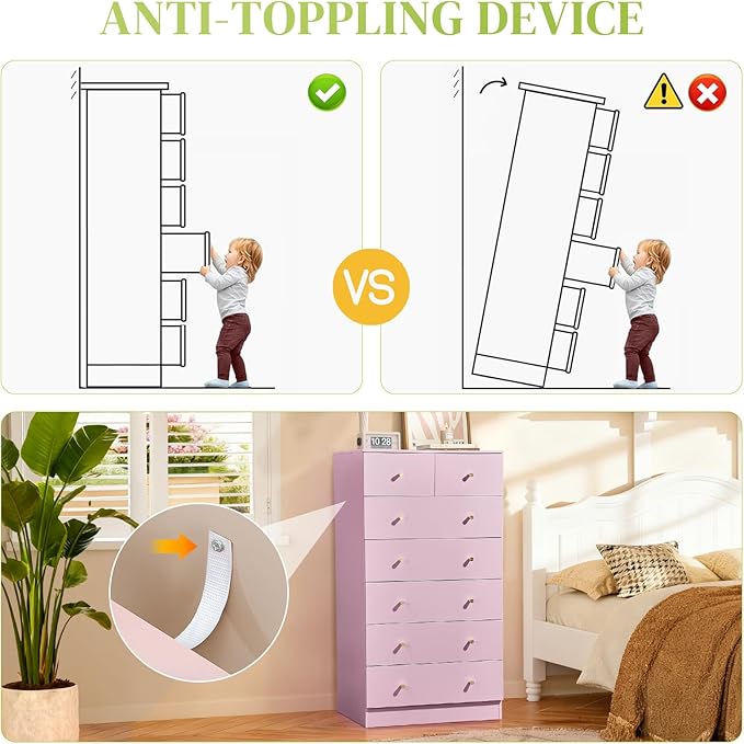 Karl home Pink 7 Drawer Dresser for Bedroom, Tall Dresser Chest of Drawers, Rustic Wood Bedroom Dressers Clothes Organizer, Anti-Tipping Device, Rose Gold Metal Handle, Living Room, Entryway, Office