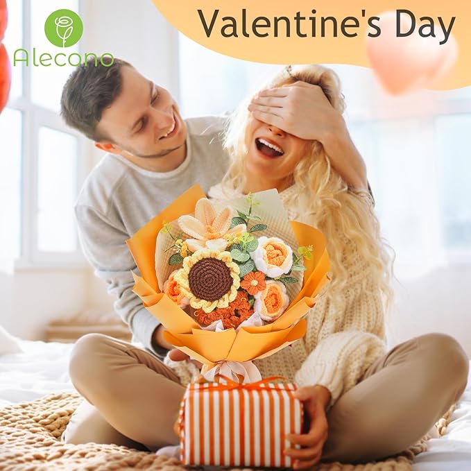 Alecono Crochet Flower Bouquet, Orange Knitted Flowers, Crochet Sunflower Flower for Lover Anniversary Birthday Party Mother's Day Graduation Gifts (Include Card)