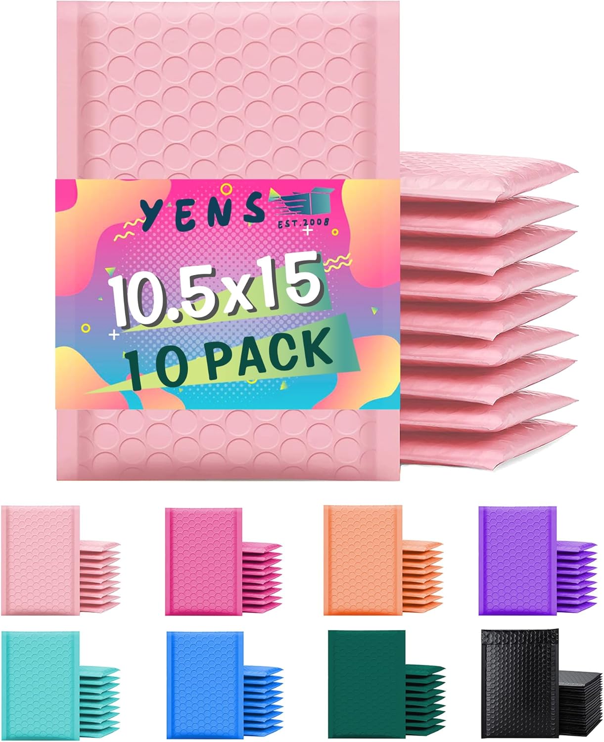 Yens Poly Bubble Mailers - Light Pink Waterproof Self-Seal Shipping Bags | 10.5x16 Inches, 10 Pack