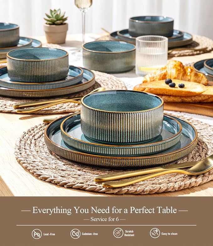 GBHOME 18-Piece Stoneware Dinnerware Set for 6 – Ribbed Ceramic Plates and Bowls, Scratch-Resistant, Microwave & Dishwasher Safe, Reactive Glaze-Space Blue