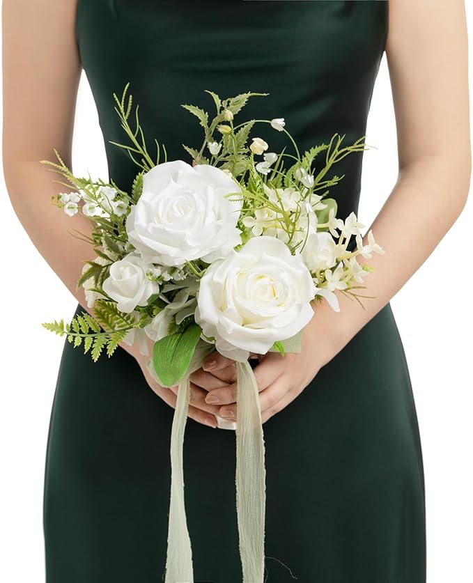 Ling's moment Lily of The Valley White Bridesmaid Bouquet, White Wedding Bouquets for Bridesmaids, 7 Inch Bridal Bouquets for Bridesmaids, Wedding, Ceremony, Anniversary, etc.