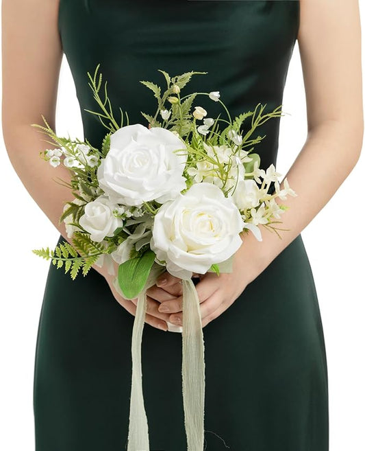 Ling's moment Lily of The Valley White Bridesmaid Bouquet, White Wedding Bouquets for Bridesmaids, 7 Inch Bridal Bouquets for Bridesmaids, Wedding, Ceremony, Anniversary, etc.