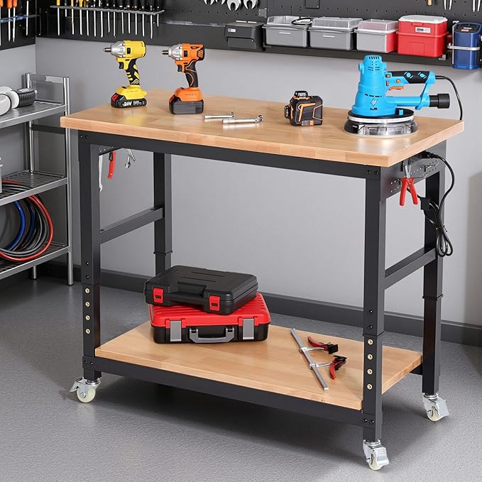 Workbench with Wheels 48 Inch Adjustable Height Work Table with Under Table Shelf, Pegboard, Power Outlets Work Bench for Garage, Home, Office, Workshop