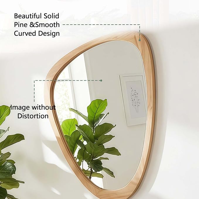 Majnesvon 24x36 Inch Asymmetrical Wall Mirror Wood,Rustic Irregular Shaped Vanity Mirror for Bathroom,Bedroom, Living Room, Entryway, Fireplace,Wall Decor,Solid Wooden Frame (Oak, 24"x36" Inch)