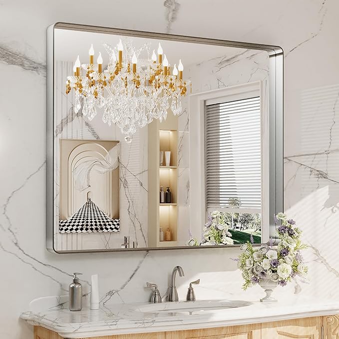 LOAAO 48x40 Inch Brushed Nickel Bathroom Mirror, Rounded Rectangle Silver Metal Frame Mirror, Brushed Nickel, Anti-Rust, Shatter Proof, Hangs Horizontally or Vertically