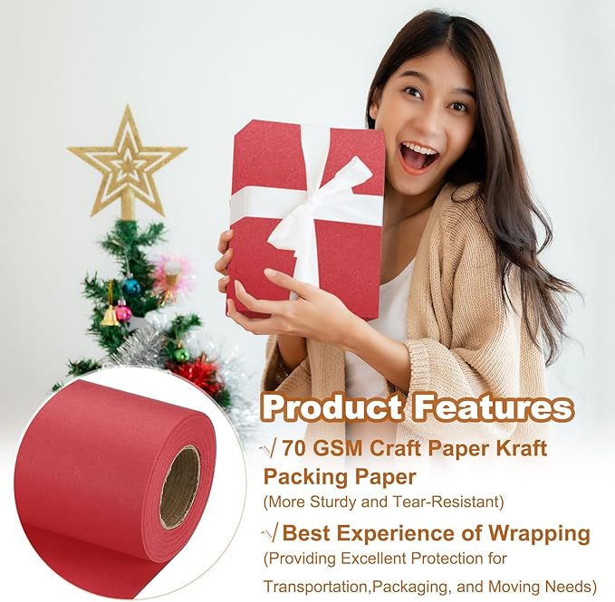 PATIKIL Wrapping Paper, 17" x 450"(37') 70 GSM Craft Paper Roll Kraft Packing Paper for Poster Bulletin Board, Gift Wrapping, Red