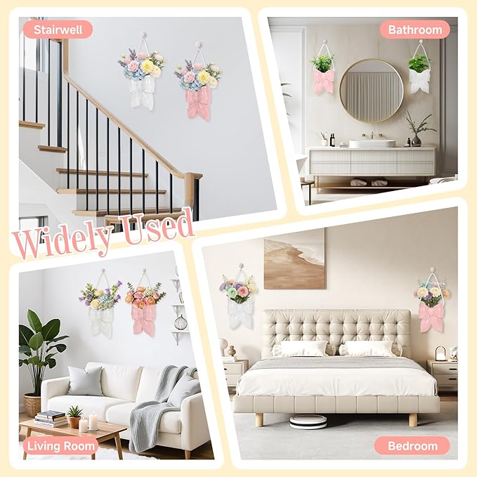2 Pack Ceramic Hanging Planter Wall Vase with Rope, Bow Design for Indoor Plants, Fresh and Dried Flowers, Home Office Bathroom Living Room Bedroom Wall Decor