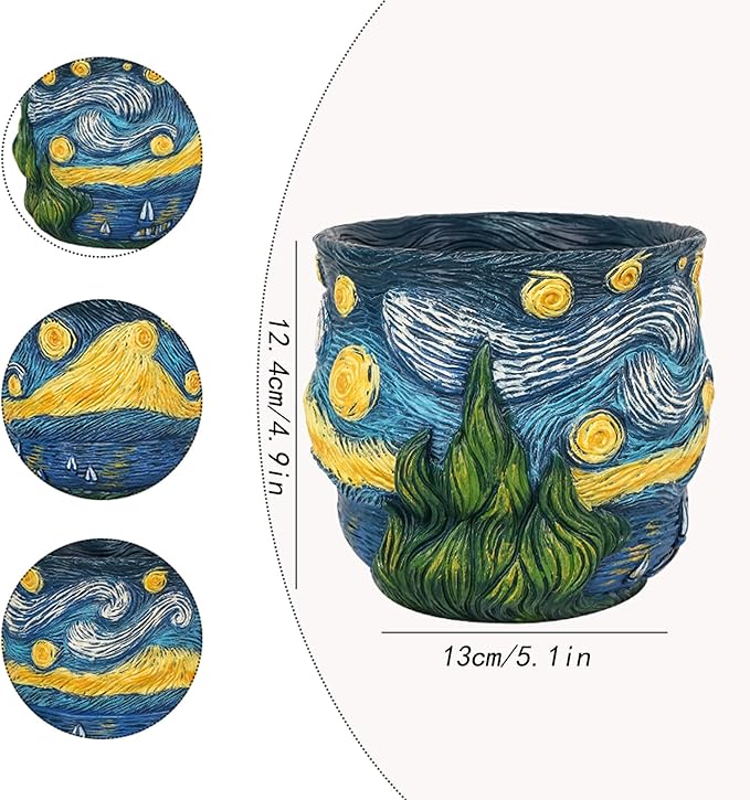 Van Gogh Inspired Planter Pots Cute Unique Starry Night Theme Flower Pots for Indoor Plant Acolorful Art Resin Vase for Home Desk Decoration