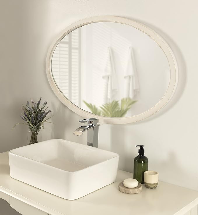Kate and Laurel Hogan Farmhouse Oval Wall Mirror; 24 x 36; Rustic White; Sophisticated Coastal Mirror for Wall