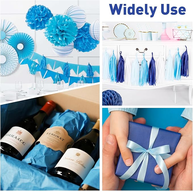 TUXIYA 200 Sheets Blue Tissue Papers for Gift Bags,14 x 20 Inch Mixed Blue Wrapping Tissue Paper Bulk for Gift Bags, Gift Wrap for Birthday Wedding Graduation DIY Crafts Holiday Flowers
