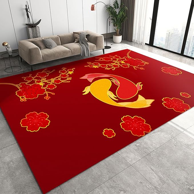 Chinese Style Koi Area Rug, Red Background Plum Blossom Non Slip Accent Rug, Machine Washable Durable Carpet for Indoor Bedroom Living Room Office Decor Rug - 3 ft x 5 ft