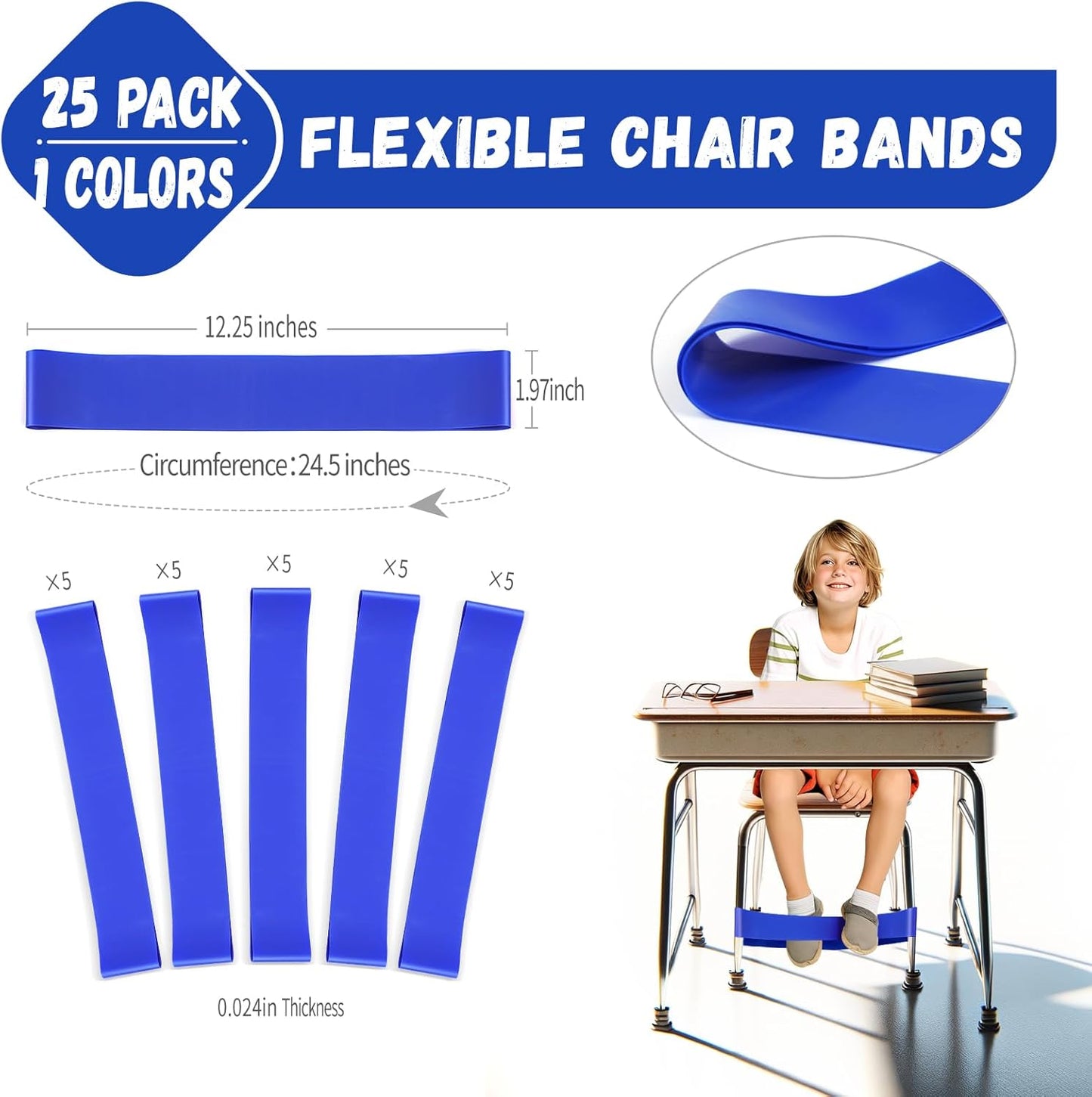Skiennix Chair Bands for Kids - Enhance Focus & Reduce Restlessness | 25 Pack, Blue for Classroom & Home