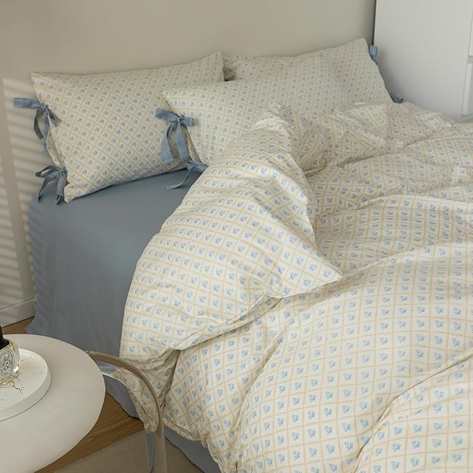 Blue Floral Bedding Duvet Cover Full Girl Cozy Cotton Comforter Cover White Flowers Coquette Bedding Set 3 Piece for Teen College Dorm Romantic Fresh Duvet Cover Set Full with 2 Bow Tie Pillowcases