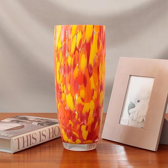 Ca D Oro Murano-Style Glass Vase Orange/Yellow Confetti Effect Hand Blown Art Glass Crystal for Flower, Room Decoration and Centerpiece - Model AD3