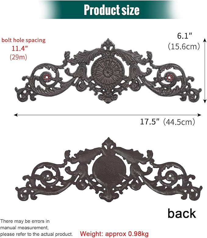 Sungmor Antique Style Cast Iron Wall Decor - Ornate Scroll and Floral Design Metal Plaque for Home or Garden Décor - Fireplace Mantel, Furniture Decorative Accent - 17.5 Inch & Rustic Black Finish