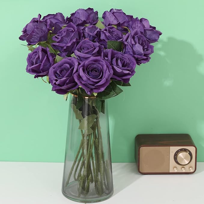 15Pcs Purple Roses Artificial Flowers Fake Roses Long Stem Velet Rose Silk Flowers for Home Wedding Decoration (Round Roses,Pure Purple)