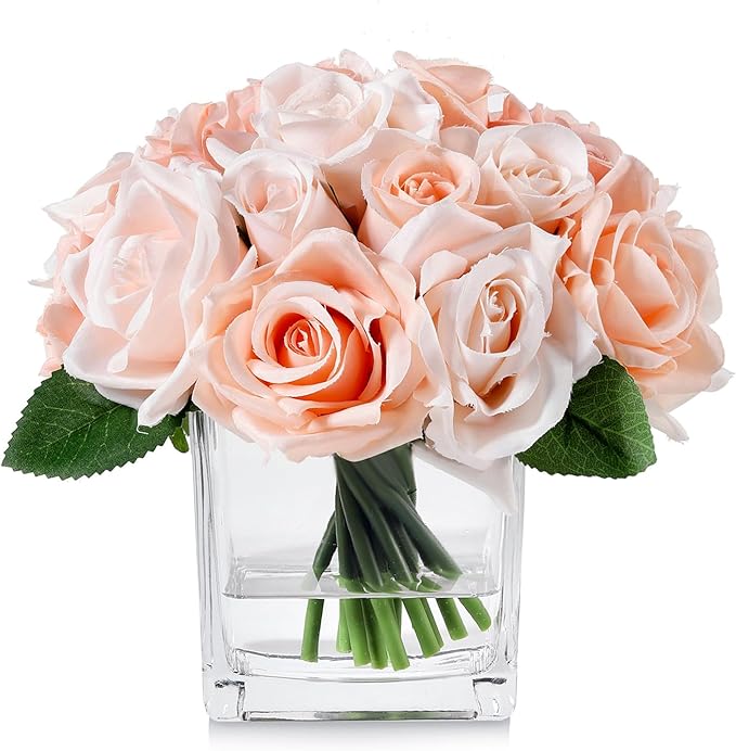 18 Heads Rose Faux Flowers in Vase, Aritificail Rose Floral Arrangement with Vase for Dining Table, Bedroom, Wedding Decor (Champagne)