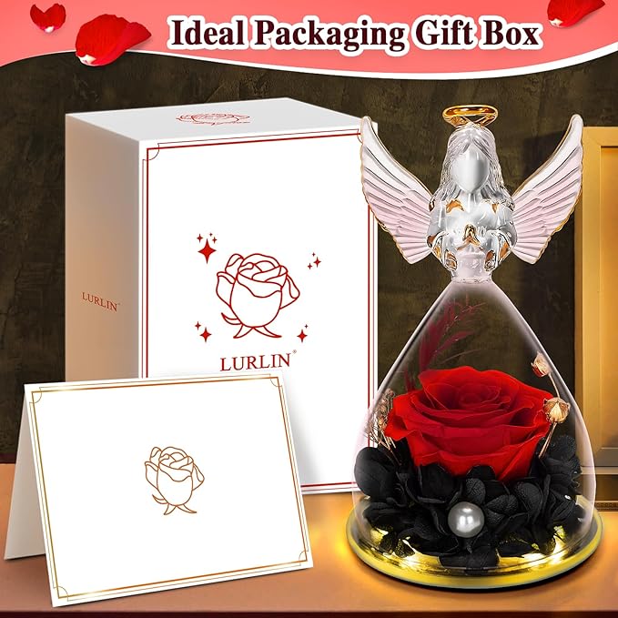 LURLIN Birthday Gifts for Women - Preserved Flowers & Glass Angel Figurines with LED Rose for Mom, Grandma, Wife, Friend, Teacher, Nurse, Anniversary Day Girls Gift