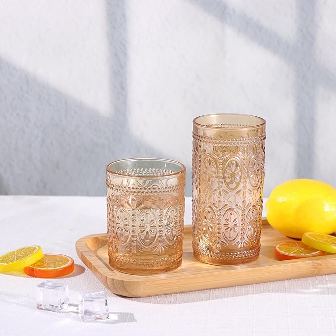 Amber Glassware Set of 4, Vintage Drinking Glasses, Colored Glassware Drinking, Highball Embossed Beverage Glasses Cup for Water, Juice, Cocktail, Coffee (2pcs12oz+2pcs10oz）