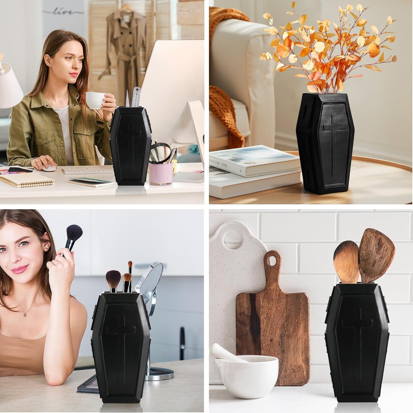 Skiennix Coffin Vase - Gothic Home Decor for Flowers & Makeup Brushes | Large Black Planter