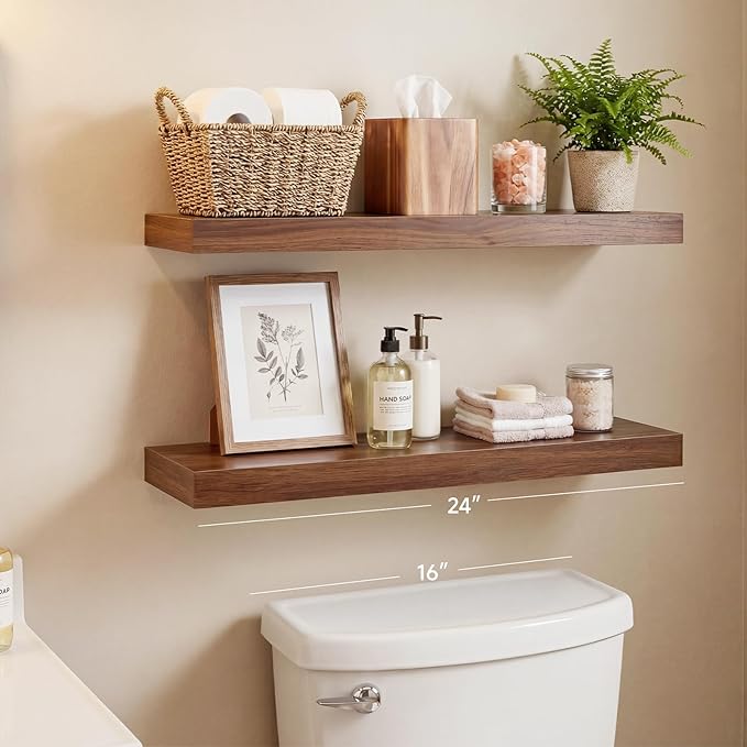 Walnut Floating Shelves for Wall, 24 in Wall Mounted Shelves Perfect for Bedroom, Bathroom, Living Room and Kitchen Decoration Storage（Set of 2）