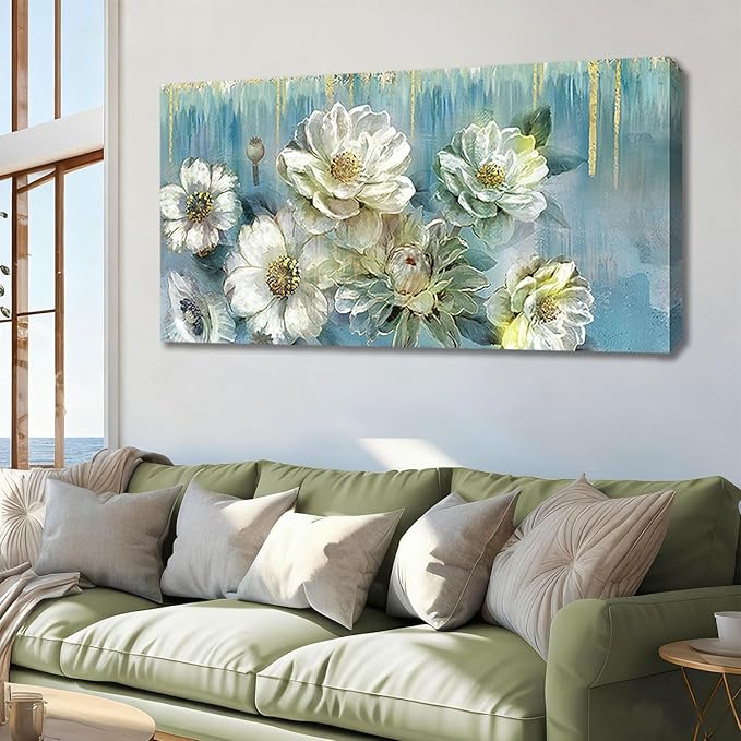 Ardemy Floral Canvas Wall Art for Living Room Large Magnolia White Flowers Teal Picture Bedroom Wall Decor Textured Painting Modern Turquoise Artwork Dining Room Home Office, Extra Large 58"x29"