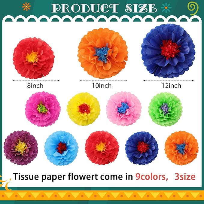Geyee 27 Pcs Mexican Paper Flowers Colorful Fiesta Tissue Paper Flowers Mexican Carnival for Floral Party Backdrop Birthday Wedding Party 8, 10, 12 Inch(Stylish Color)