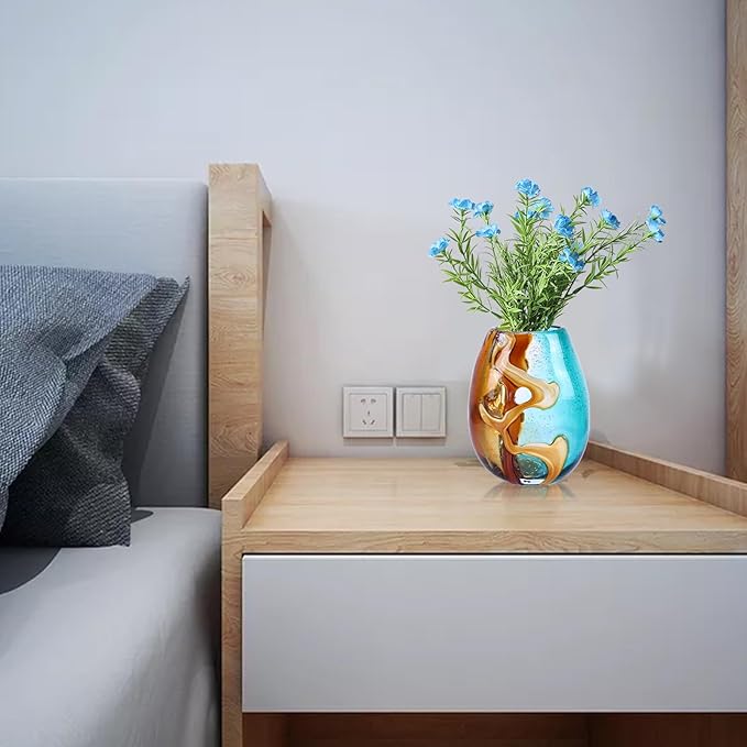 Pretty Hand Blown Glass Vase, Colored Glass Flower Vases Home Decor, Amber and Teal Decorative Murano vase for Living Room Office Bedroom Coastal Table Centerpieces Gift