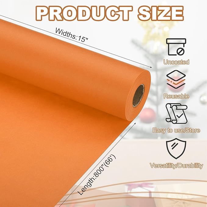 PATIKIL Wrapping Paper, 15" x 800"(66') 70 GSM Craft Paper Roll Kraft Packing Paper for Poster Bulletin Board, Gift Wrapping, Orange