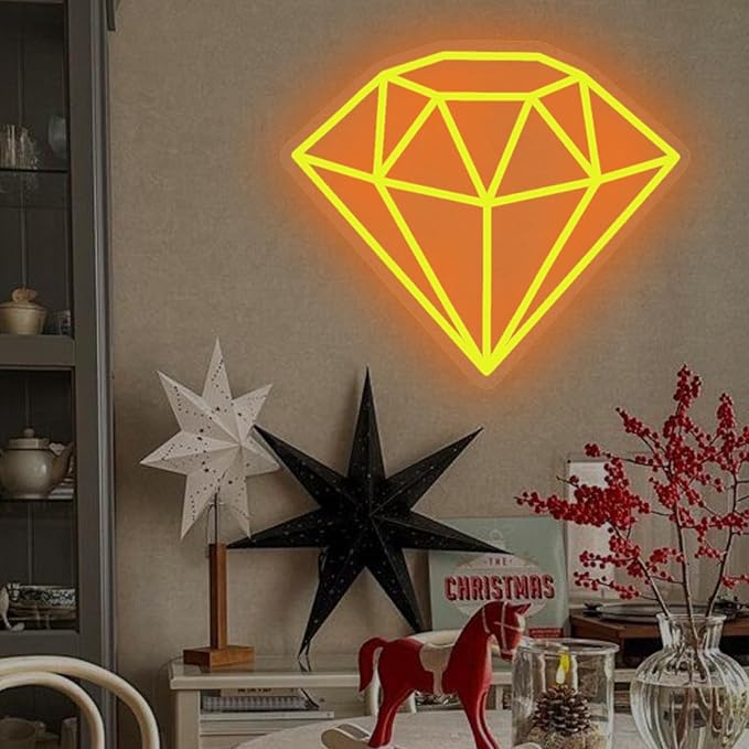 Diamond Neon Sign for Wall Decoration, Glowing Neon Sign, Adjustable Brightness Shining LED Sign Night Light for Man Cave Bedroom, Wedding, Living Room, Party, Bar, Office Decoration-Gold