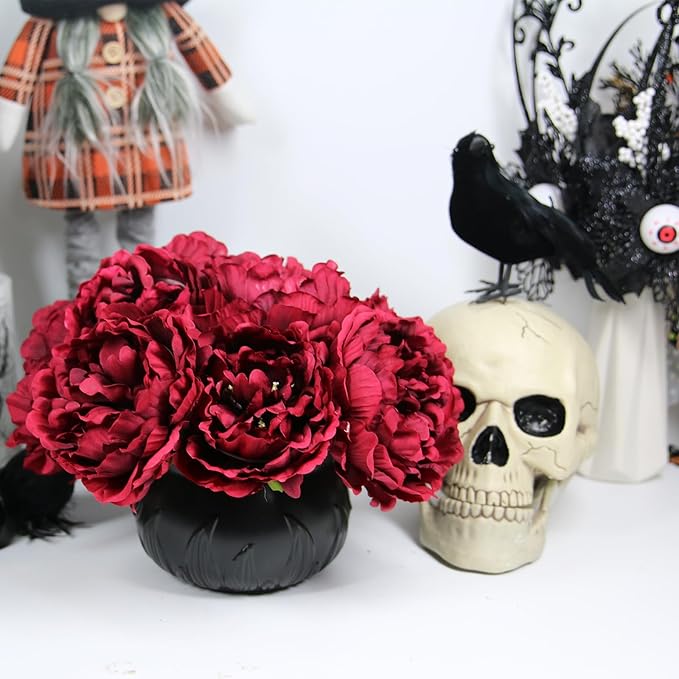 Tinsow Burgundy Artificial Peony Flowers for Halloween Home Decoration, 5 Pcs Red Faux Peonies for Fall Decoration, Silk Flowers Bouquet (5, Maroon)