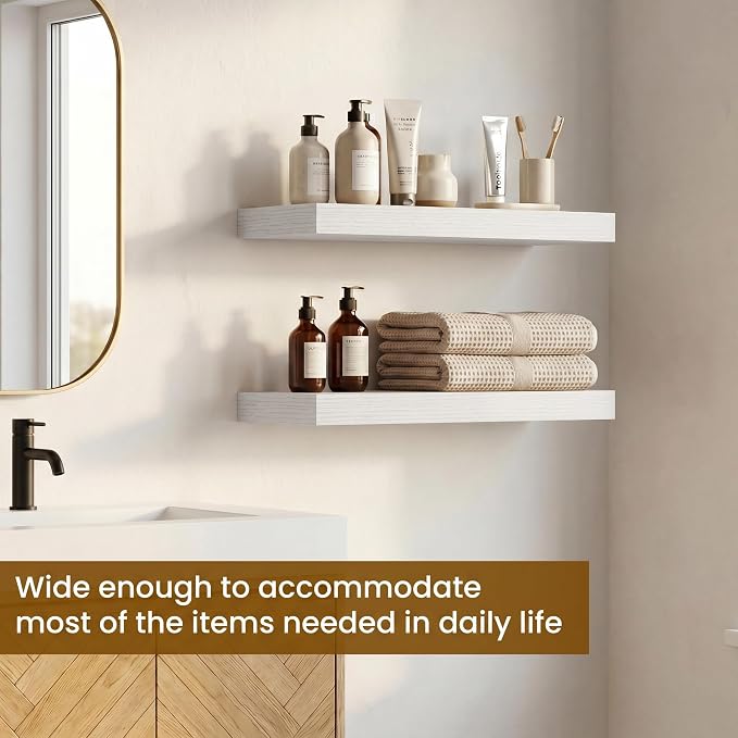 Dreamland White Floating Shelves, Wall Mounted Shelves for Storage and Home Decor, Rustic Wood Shelves for Bathroom, Living Room, Bedroom and Kitchen, 16" x 6.7" Set of 2