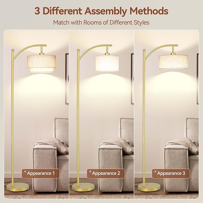 SUNMORY Floor Lamps for Living Room with 12W LED Bulb, Arc Floor Lamp with 3 Color Temperatures, Modern Floor Lamps with Adjustable Double Fabric Shades, Tall Standing Lamp for Bedroom, Corner