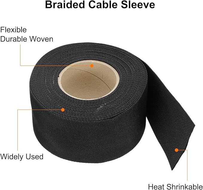 MECCANIXITY Braided Cable Sleeves Heat Shrinkable Fabric Sleeving, 1 9/16" 26ft Black 2:1 Ratio Heat Shrinkable Cord Protector for Harness Cable, Network Cable Protection, Cable Management