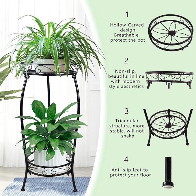 MOCORY Plant Stand Indoor Outdoor 2 Tier 25" Tall Metal Potted Holder Flower Pot Stand Heavy Duty Plant Shelf Rustproof Iron Multiple Plant Round Supports Rack for Planter Corner Garden Balcony Patio