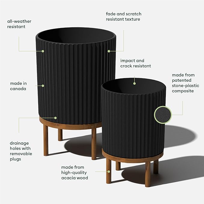 Veradek Demi Series Round Planter w/Stand for Porch/Patio | Durable Plastic-Stone Composite & Wooden Stand | Modern Décor for Tall Plants, Flowers