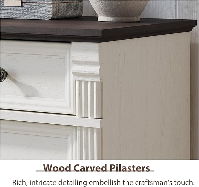 White 6 Drawers Dresser, 47" Tall Dresser for Bedroom, Wood Rustic Tall Chest of Drawers with Chic Wood Pilasters, Farmhouse Dressers Organizer for Bedroom, Hallway