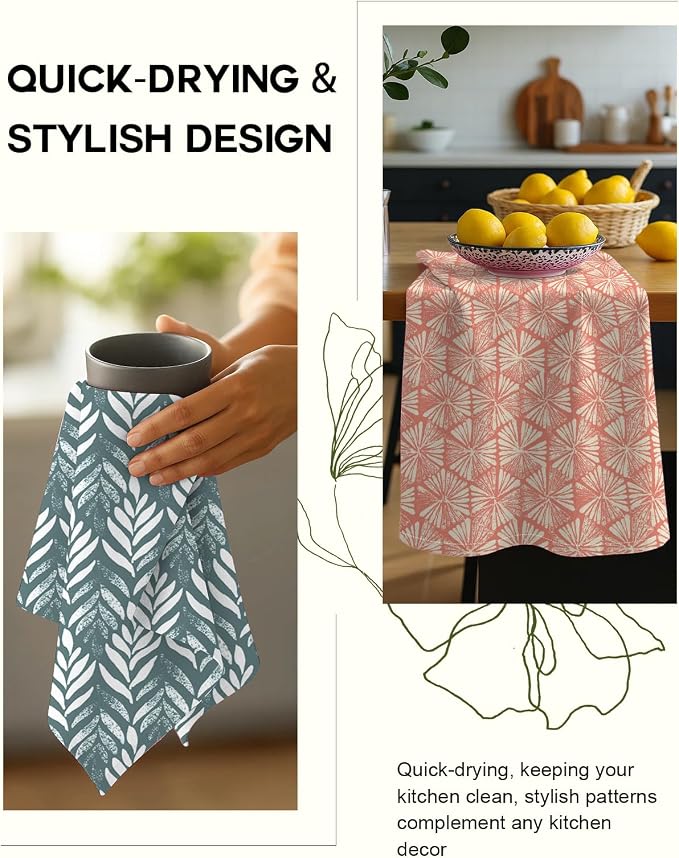 Miss Adola 2 Pack Flour Sack Kitchen Towels - 16x26 Inch Cotton Dish Towels with Hanging Loop Reusable Geometric Boho Modern Retro Tea Towel Absorbent Dishcloths Home Decor, Botanical Flower
