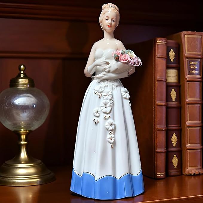 MTME Porcelain Figurine Lady Blessed with Flowers, Vintage Sculpture Home Décor