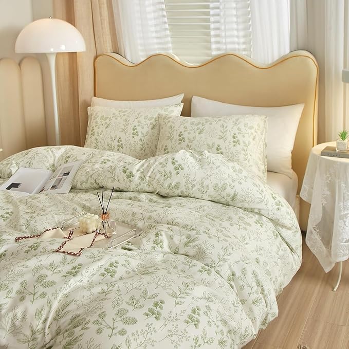 Vintage Boho Floral Duvet Cover Twin White Green Floral Print Bedding Set Cotton Botanical Floral Comforter Cover Garden Flowers Aesthetic Bedding Cover Boho Style Twin Duvet Cover with Zipper Closure