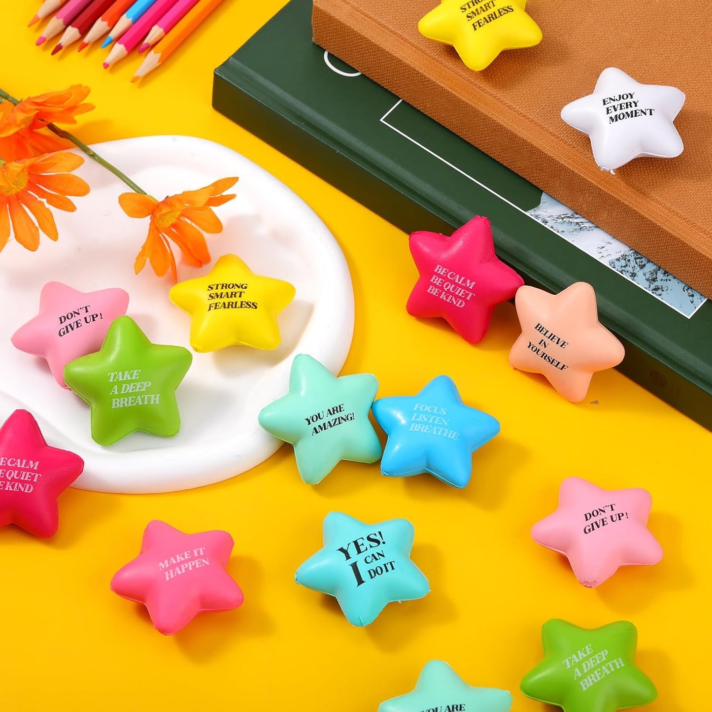 Sotiff Star Stress Balls - 100 Pack Mini Foam Squeeze Toys for Stress Relief | Fresh Colors & Motivational Quotes