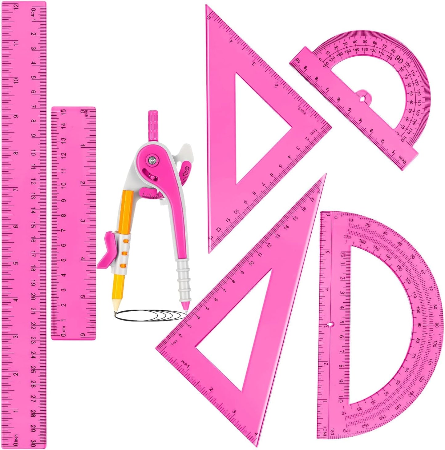 Zonon Geometry Math Set - 7-Piece Plastic Kit with Protractor, Compass, Rulers | Pink