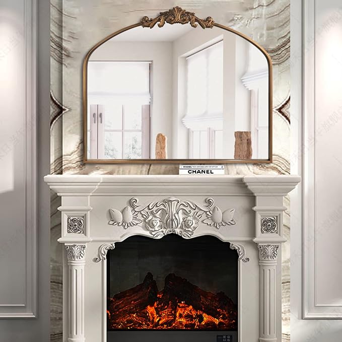 OUSHUAI Gold Arched Mirror,Baroque Brass Fireplace Mirror Decor, Victorian Vintage Mirrors with Full Matel Frame,Ornate Mirrors for Entryway/Bathroom/Living Room/Hallway 36"X30"