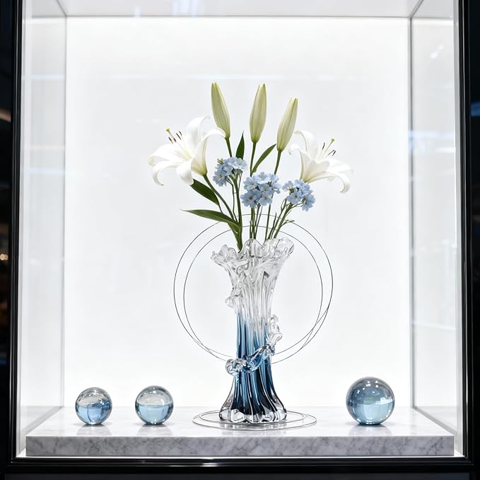 9.8" H Blue Blown Glass Vase, Modern Art Hand Blown Coastal Vase,Beautiful Unique Ocean Wave Centerpieces for Living Room, Bedroom, Office Desktop,Coffee Table and Wedding Decorative (M)