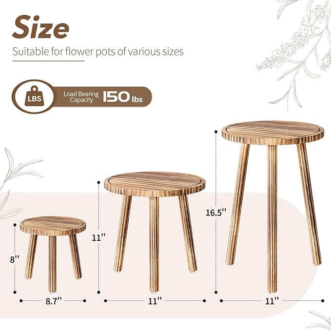 Uneedem Plant Stand Indoor - 3-Pack Taller Single Wood Plant Stand for 6-12 Inch Pots, Mid-Century Modern Plants Stool for Large Plants, Small Round Wooden Planter Table for Living Room, Balcony