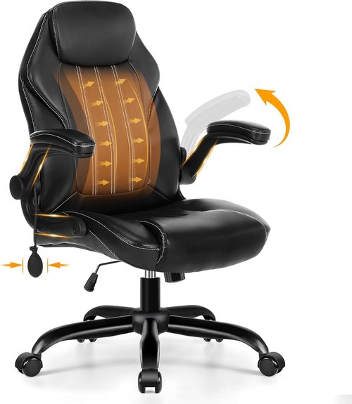 Regine Switzerland Ergonomic Office Desk Chair - Padded Flip-Up Arms & Adjustable Lumbar Support | PU Leather, 360° Swivel