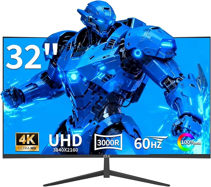 ZZA 32 Inch 4K UHD Curved Monitor (3840x2160), VA,60Hz Refresh Rate, 100% sRGB, Adaptive Sync, 178° Viewing Angle, HDMI/DisplayPort, VESA 100x100mm Mount Compatible, Tilt Adjustable - Black