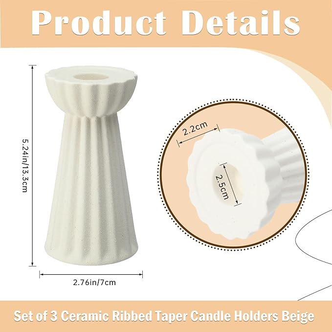 Honeydak Set of 3 Ceramic Taper Candle Holder Cream White Candlestick Holder Fluted Candle Stick Stand Boho Nordic Modern Decorative Table Centerpiece Wedding Home Dinner Party Housewarming Gift