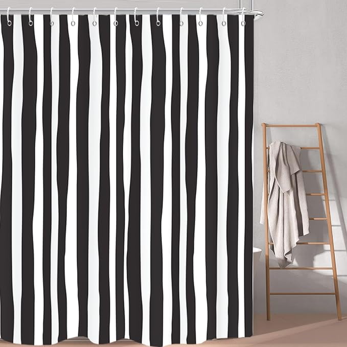 Black and White Extra Long Shower Curtain, Striped Boho Minimalist Modern Waterproof Fabric Machine Washable for Bathroom Decor Bathtub with Hooks 72Wx84H