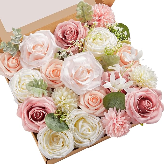 Serwalin 2 Pcs Artificial Flowers Fake Flowers for DIY Wedding Bouquets Cake Flowers Decoration Mixed Roses Combo Blush Pink and White Flower Centerpieces Arrangements for Home Party Decor